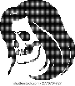 Skull head illustration using circles, morbid anatomy portrait, mystical ghost design, dark fantasy dotted wallpaper.