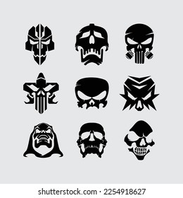 Ilustración de la cabeza del cráneo conjunto de vectores tatuaje del paquete, cabeza del cráneo del ciborg, logotipo de etiqueta adhesiva editable
