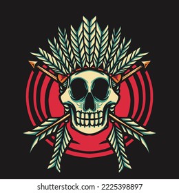 Skull Head Indian With Arrow Retro Vector Illustration