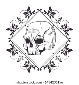 skull head into diamond with flower arrangement drawn in black and white tattoo icon vector illustration graphic design