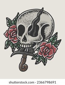 Skull head with javanese knife hand drawn illustration vector design