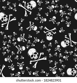 Skull Head Jolly Roger Pirate crossbones seamless repeat pattern on black