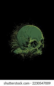 Skull head leaning against rock and grass vector illustration
