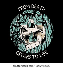 skull head with leaves around illustration