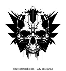skull head logo black and white ink hand drawn illustration