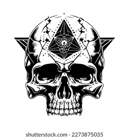 skull head logo black and white ink hand drawn illustration