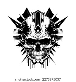 skull head logo black and white ink hand drawn illustration