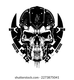 skull head logo black and white ink hand drawn illustration