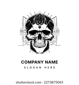 skull head logo black and white ink hand drawn illustration