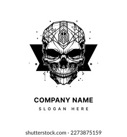 skull head logo black and white ink hand drawn illustration