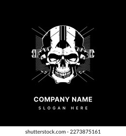 skull head logo black and white ink hand drawn illustration