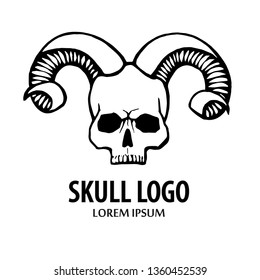 skull head logo with horns. Hand-Drawn Doodle. Vector Illustration - stock vector. Hand drawn  character. 