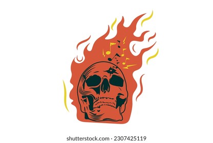 skull head logo illustration wearing music hearing aid or earphones in flames burning in flames loud rock music emblem retro vintage vector suitable for rock music logo and music t-shirt printing