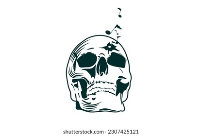 skull head logo illustration wearing music hearing aid or earphones in flames burning in flames loud rock music emblem retro vintage vector suitable for rock music logo and music t-shirt printing