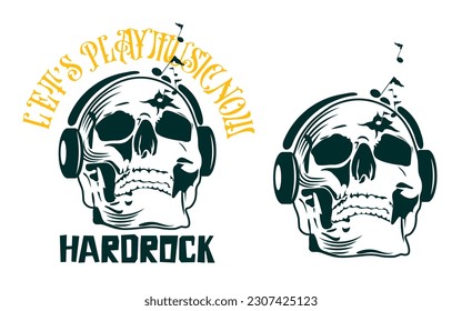 skull head logo illustration wearing music hearing aid or earphones in flames burning in flames loud rock music emblem retro vintage vector suitable for rock music logo and music t-shirt printing