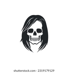 Skull head logo with long hair of cranium face silhouette Clipart  vector, halloween symbol, Calavera icon, skeleton tattoo. isolated on white background.