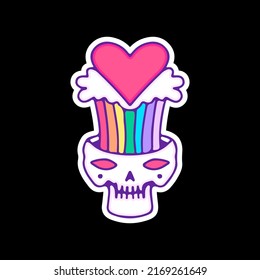 Skull head with love symbol and splashing rainbow, illustration for t-shirt, sticker, or apparel merchandise. With doodle, retro, and cartoon style.