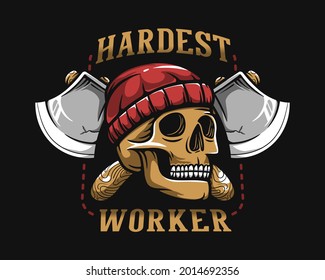 skull head lumberjack concept. crossed axe and quotes text. fit for logo, badge and t-shirt design. vector illustration