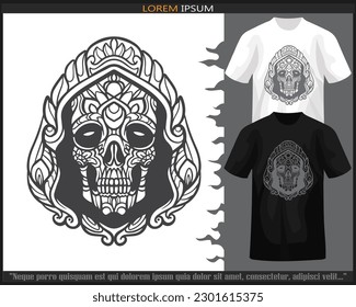 Skull head mandala arts isolated on black and white t shirt.