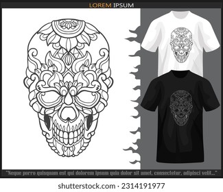 skull head mandala arts isolated on black and white t-shirt.