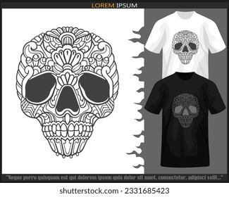 Skull head mandala arts isolated on black and white t shirt.