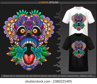 Skull head mandala arts isolated on black and white t shirt.