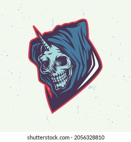 skull head mascot with one horn, this cool and spooky image is suitable for t-shirt, posters and merchandise design elements, also suitable as an e-sports team logo