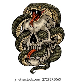 Mascote de cabeça de crânio envolvido em torno de uma cobra irritada para necessidades de camiseta