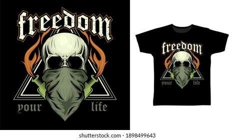 Skull head with mask and fire vector illustration t-shirt design