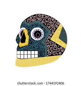 Skull head, mask with geometric details, vector background 
