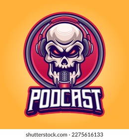 Skull head with microphone and headphone for podcast, radio, broadcasting logo