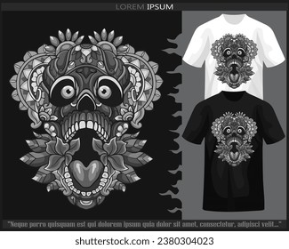 Skull head monochrome mandala arts isolated on black and white t shirt.