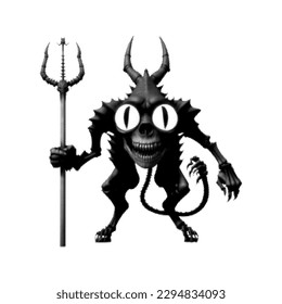 Skull head Monster with horns and big eyes and tail holding a trident. Isolated on white background. Vector illustration. Halftone design.