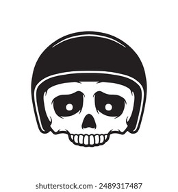 Skull head in motorcycle helmet illustration. Cartoon biker skull helmet logo vector. Isolated on white background.