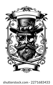 Skull head with moustache wearing sunglass and hat musician hand drawn illustration