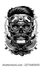 Skull head with moustache wearing sunglass and hat musician hand drawn illustration
