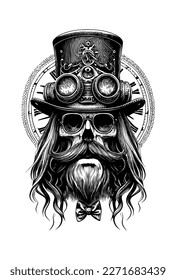 Skull head with moustache wearing sunglass and hat musician hand drawn illustration