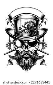 Skull head with moustache wearing sunglass and hat musician hand drawn illustration