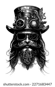 Skull head with moustache wearing sunglass and hat musician hand drawn illustration