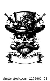 Skull head with moustache wearing sunglass and hat musician hand drawn illustration