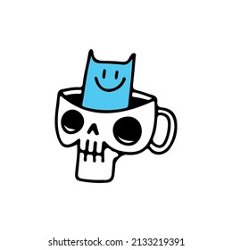 Skull head mug with cat inside, illustration for t-shirt, sticker, or apparel merchandise. With doodle, retro, and cartoon style.