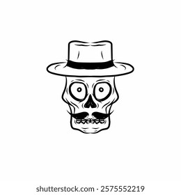 Skull head with mustache and hat vector illustration isolated on white background 