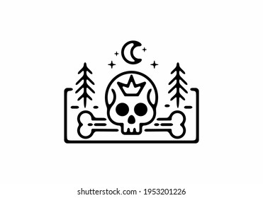 Skull head in nature line art illustration design