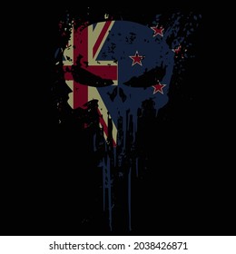 Skull head New Zealand flag with grunge texture - vector t shirt design