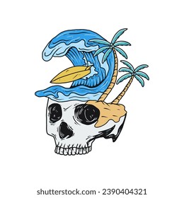 skull head with ocean waves with surfboard