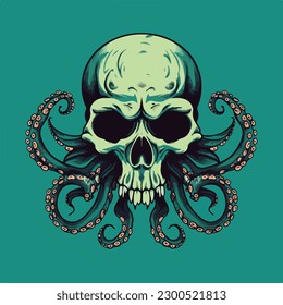 skull head octopus tentacle vintage badge logo vector illustration