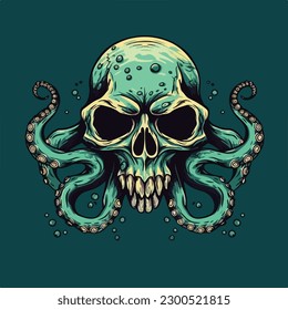 skull head octopus tentacle vintage badge logo vector illustration