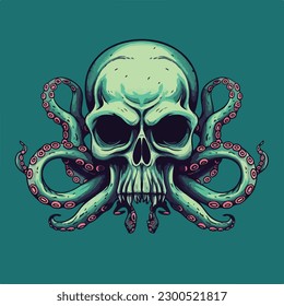 skull head octopus tentacle vintage badge logo vector illustration