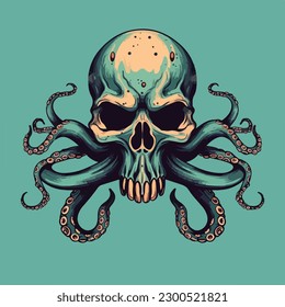 skull head octopus tentacle vintage badge logo vector illustration