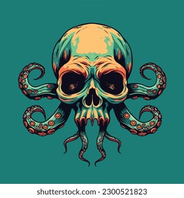 skull head octopus tentacle vintage badge logo vector illustration